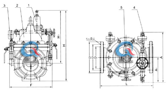 200X減壓穩(wěn)壓閥 外形結(jié)構(gòu)圖 (1、導閥 2、主閥 3、球閥 4、壓力表 5、針表 )